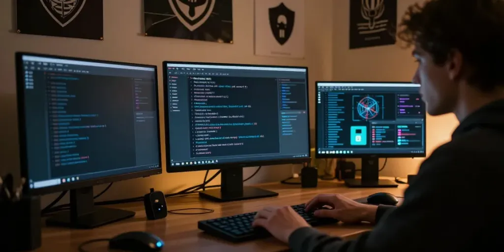 User exploring hidden wiki links on a computer screen in a dark office setting, emphasizing the intrigue of the deep web.