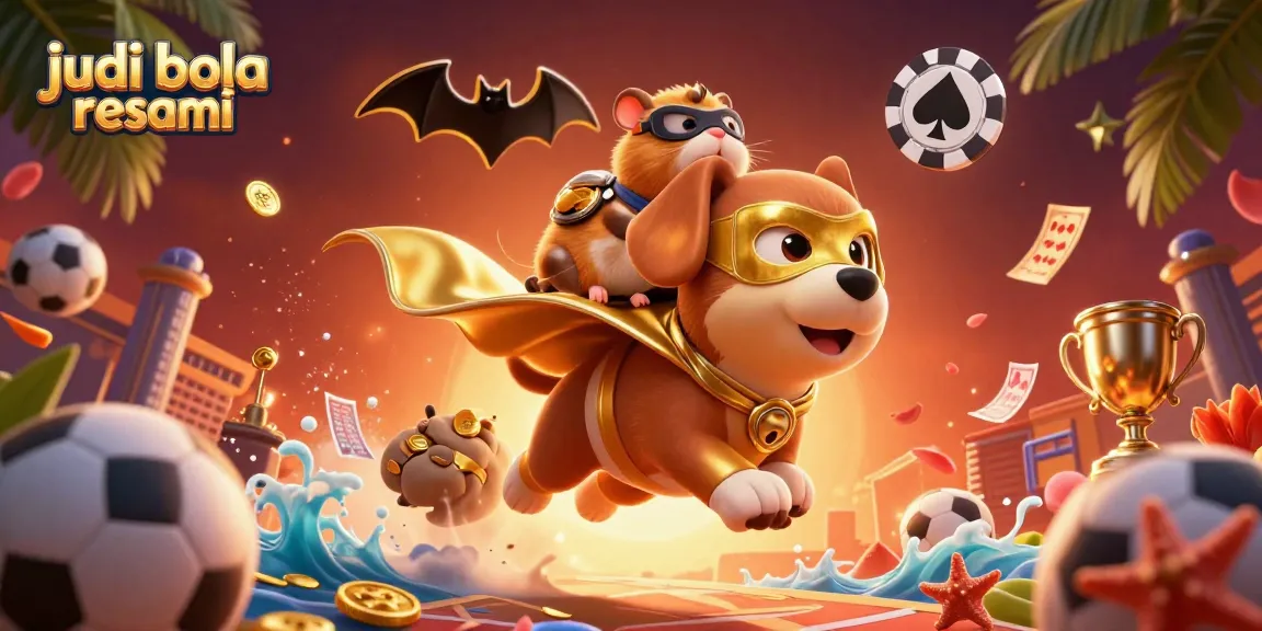 Engage in judi bola resmi with vibrant sports scenes featuring a superhero dog amid flying betting slips.