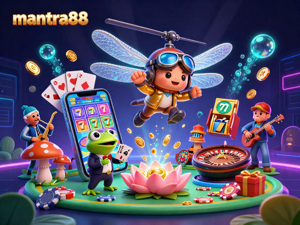 Experience the excitement of mantra88 with a dragonfly pilot and frog dealer in a lively casino illustration.