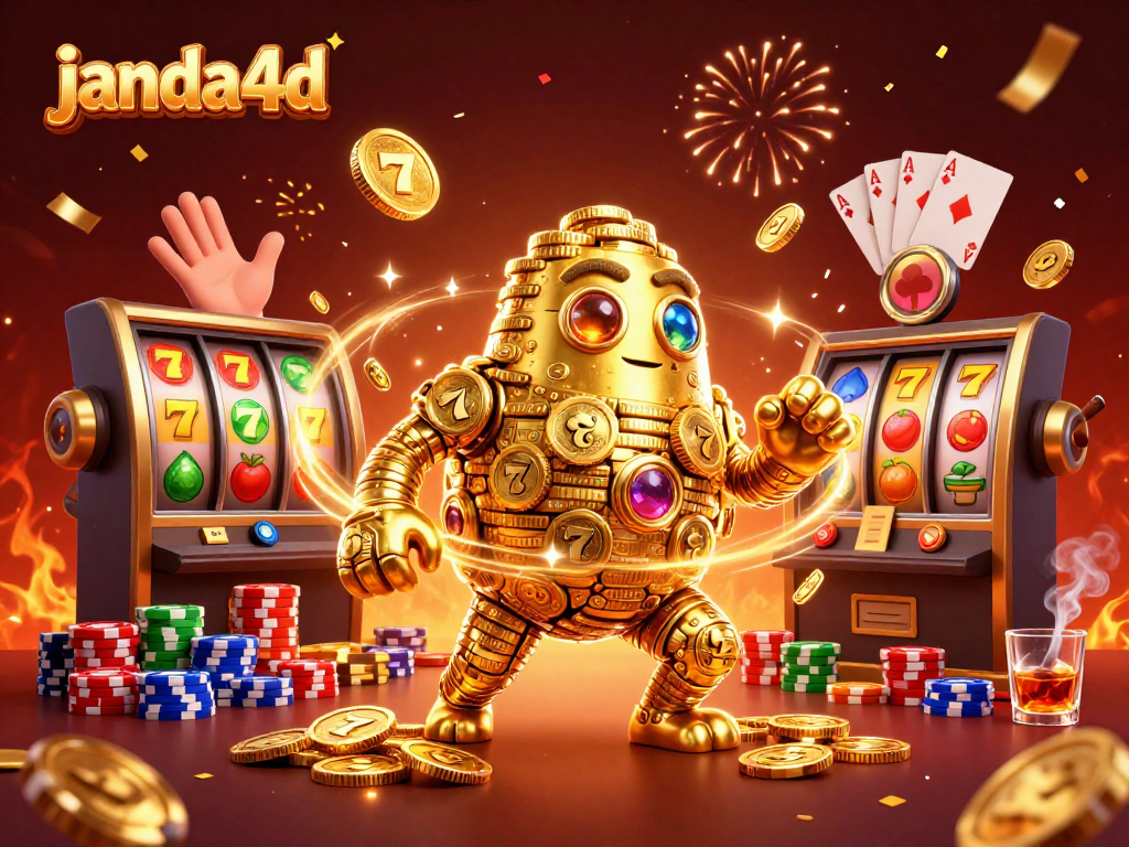 Menang di permainan slot dengan janda4d yang menghadirkan golem emas, simbol mesin slot, dan dikelilingi chip poker berwarna.