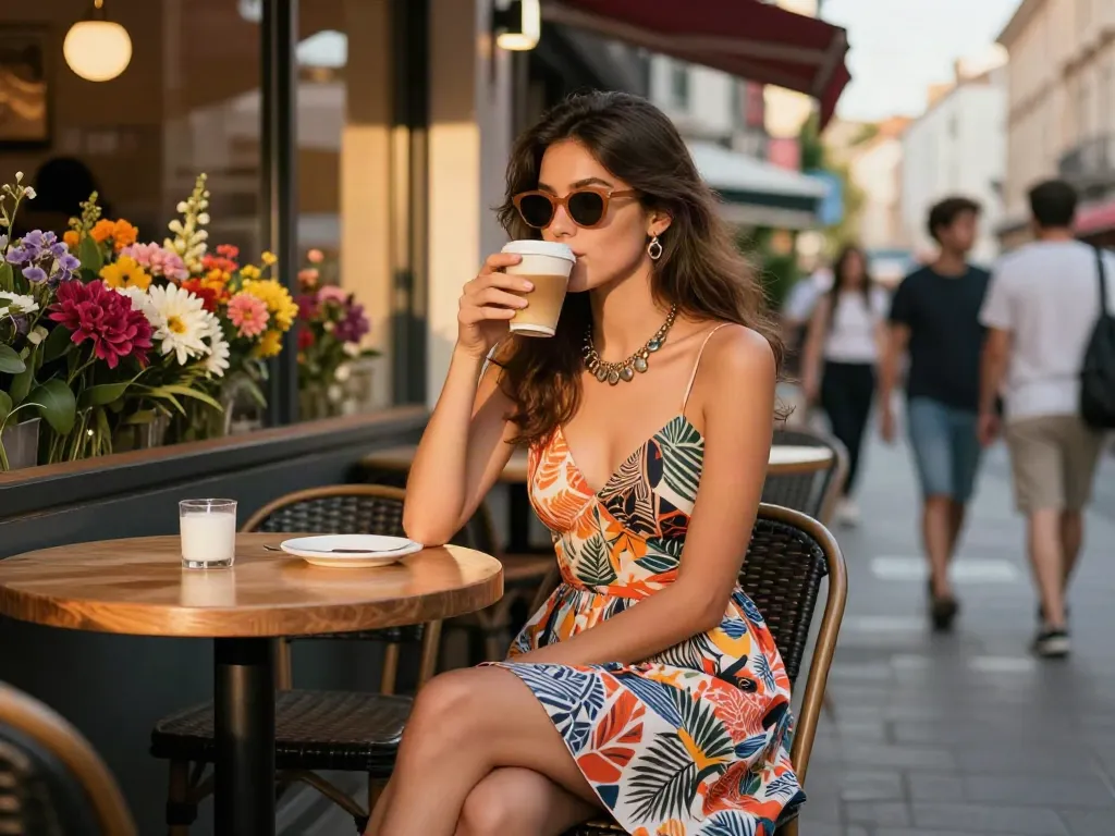 Een modieuze vrouw in dameskleding geniet van koffie in een trendy café.