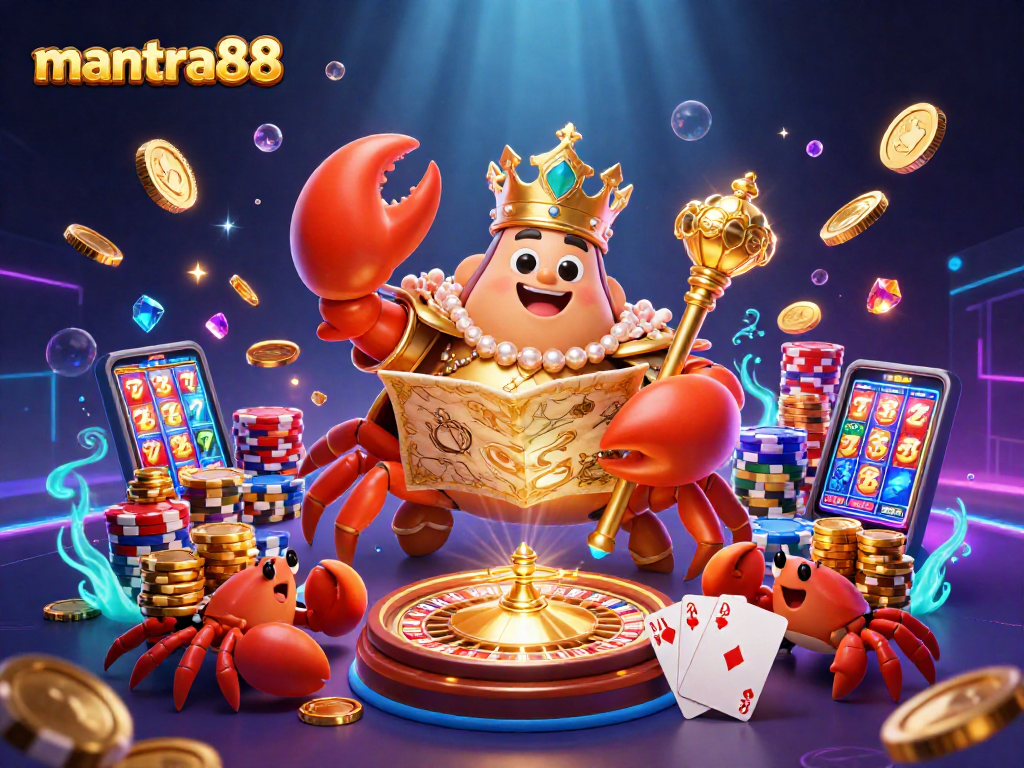Enjoy the thrilling gaming experience with mantra88, featuring a golden crab emperor and vibrant casino elements.