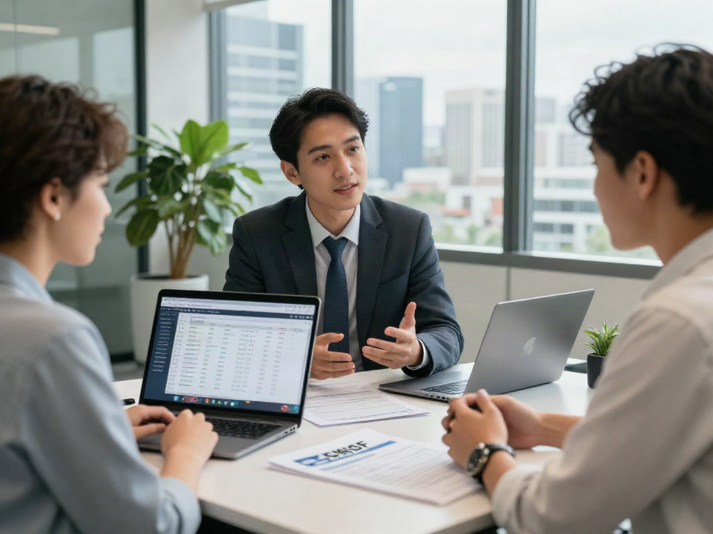 Couple consulting about SMSF set up with financial expert in modern office.