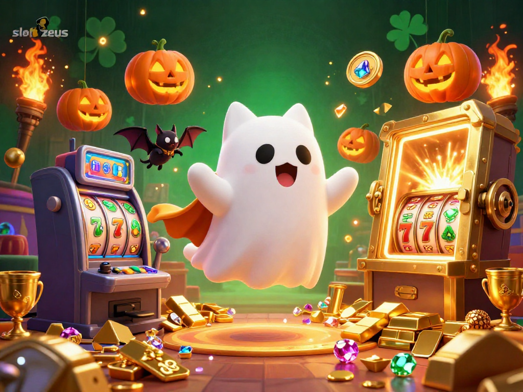 Spin the reels with slot zeus in this vibrant casino scene featuring a ghost cat and treasures.