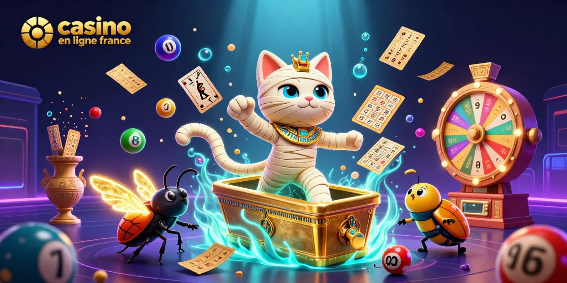Visitez le casino en ligne France avec un chat momie égyptien et des éléments de jeu captivants.