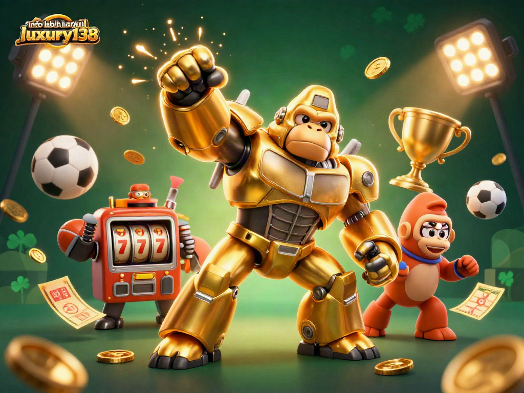 Mainkan info lebih lanjut luxury138 dengan mesin slot emas, bola olahraga, dan trofi, dalam ilustrasi luar biasa.