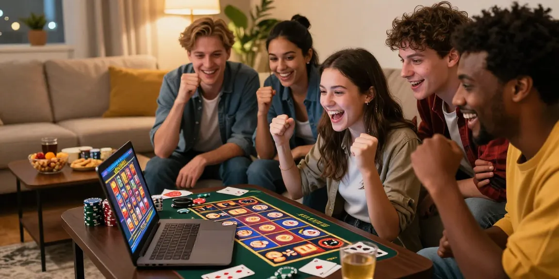 Scène excitante d'amis profitant ensemble du gaming au meilleur casino en ligne