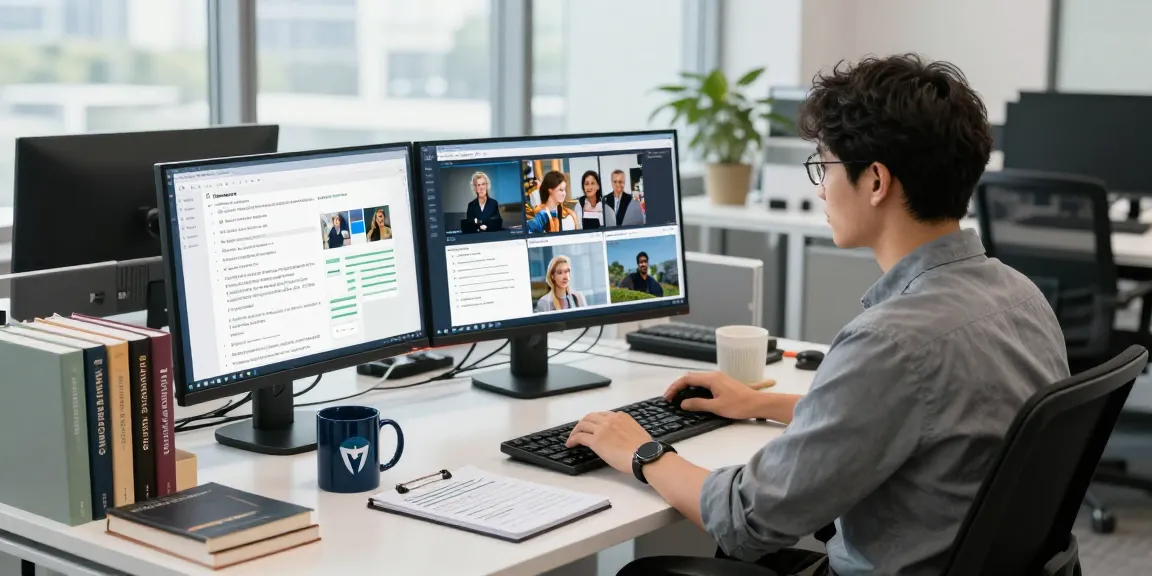 Data analyst working with an ai image detector in a modern office environment.