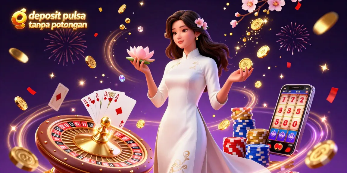 Experience winning moments with deposit pulsa tanpa potongan as exotic elements and gambling icons surround a serene Asian lady.