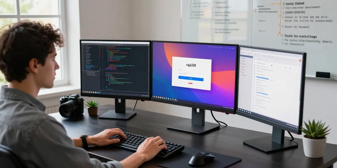 Focused individual at tech workspace logging into raja328 login on dual monitors, capturing vibrant coding environment.