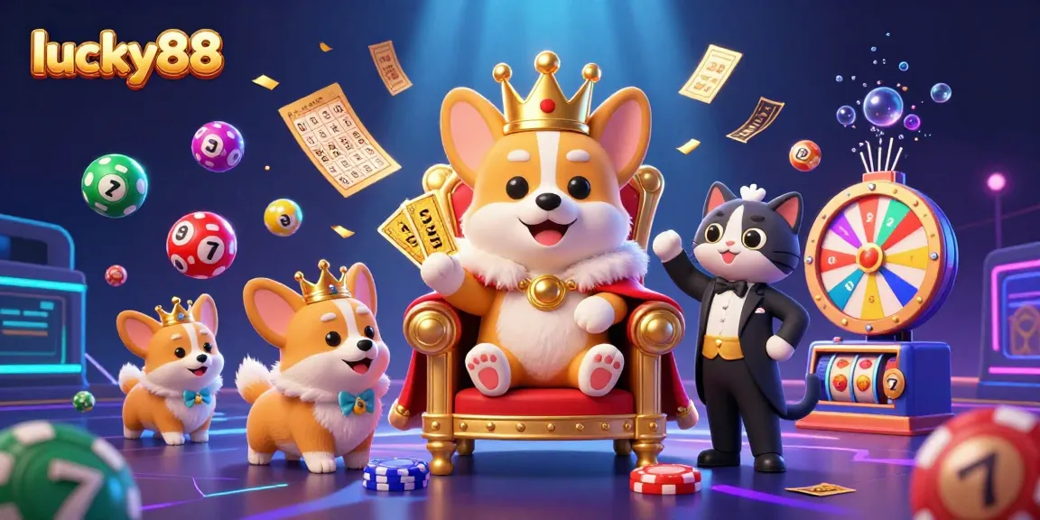 Engage in vibrant slot games at lucky88 with royal corgi on throne surrounded by colorful lottery elements.