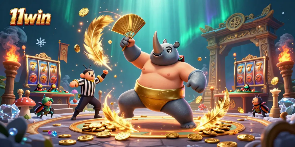 Experience thrilling casino action with 11win's vibrant beetle sumo champion, coins, and dynamic gaming elements.