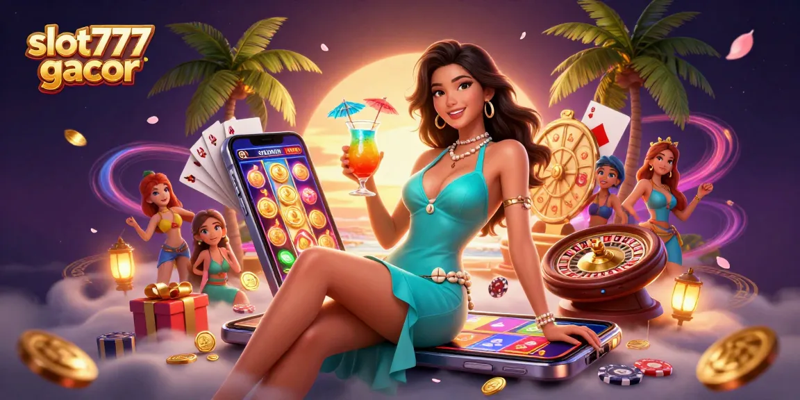 Spin the reels at slot777 gacor, featuring a glamorous woman in a tropical casino setting.