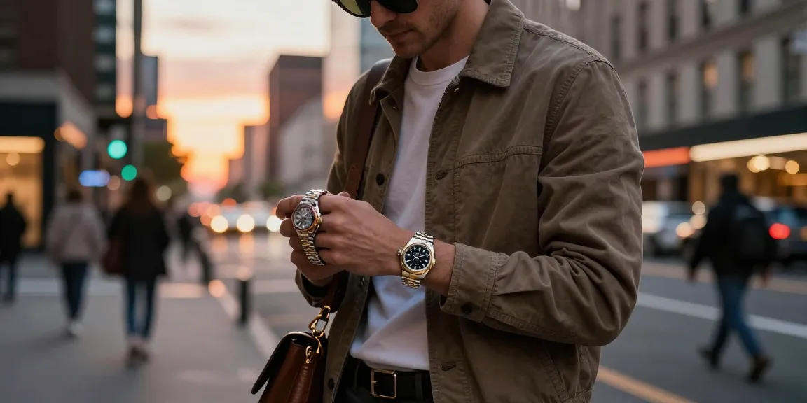 Stylish urban scene featuring a person showcasing rolex super clone watches during sunset, highlighting luxury and lifestyle.