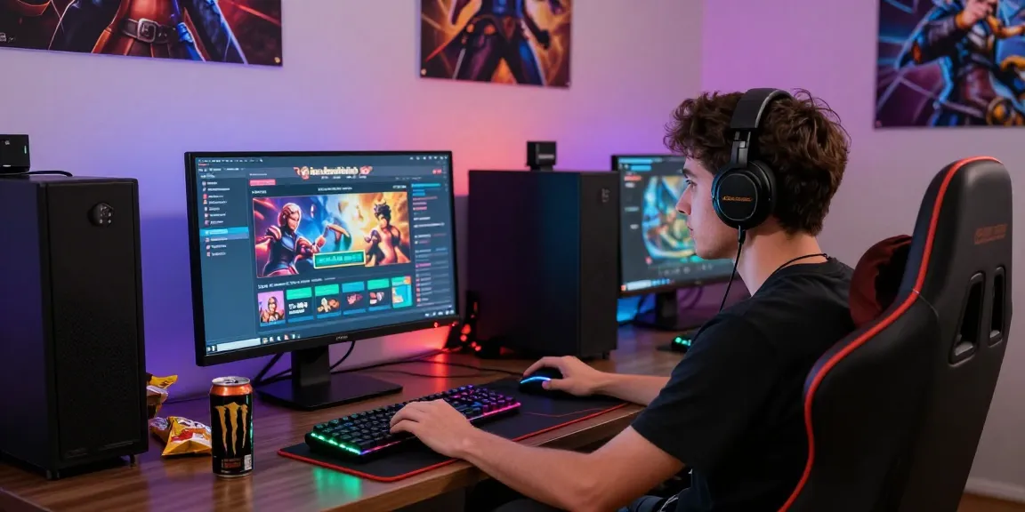Young man gaming with situs benihtoto displayed on screen, surrounded by vibrant LED lights and gaming gear.