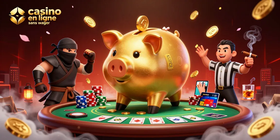 Jouer au casino en ligne sans wager, personnages animés entourés de jetons et cartes à poker.