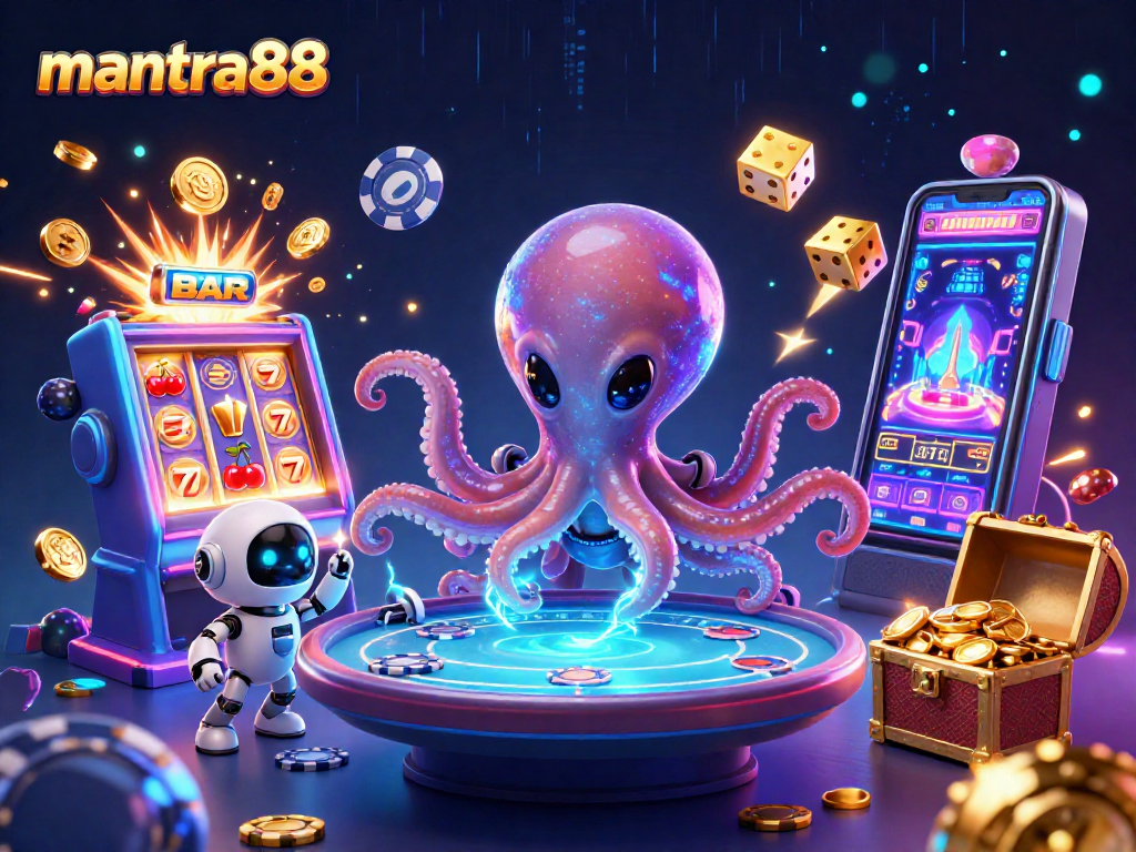 Engage with mantra88's vibrant gambling universe featuring a cosmic octopus at a poker table.