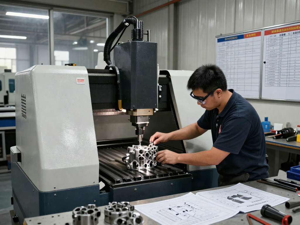 Precision CNC machining supplier technician operating advanced milling machine in workshop.