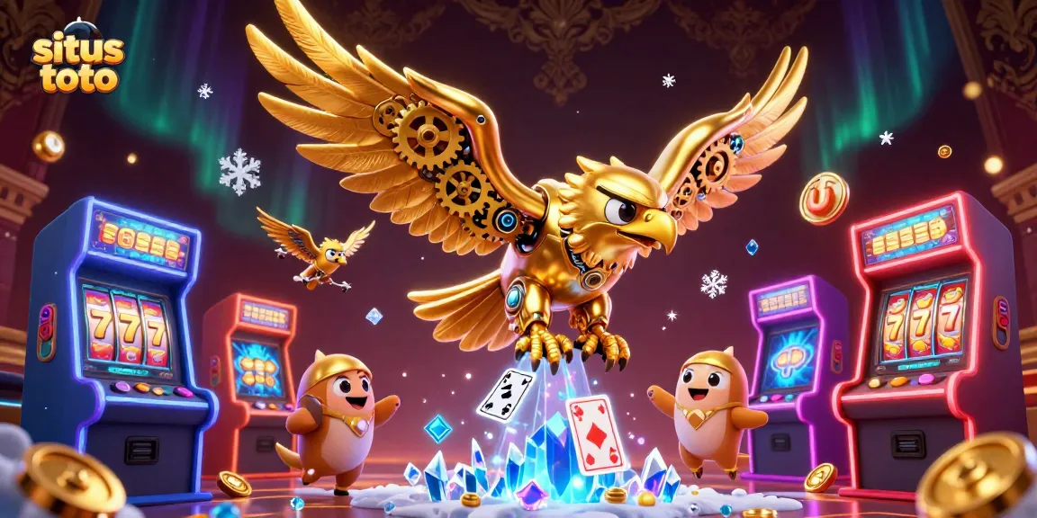 Situs toto showcases a dynamic gambling scene with a golden eagle amidst colorful slot reels and game machines.