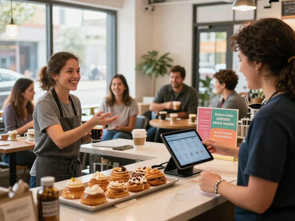 Loyalty program in action at a small business cafe, showcasing rewards and happy customers.