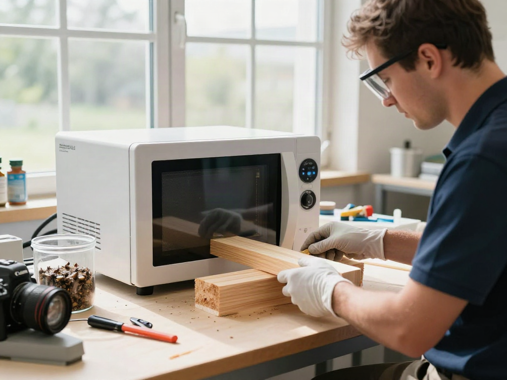 SHASHEL® microwave equipment effectively treating wood for pest elimination in a bright workshop.