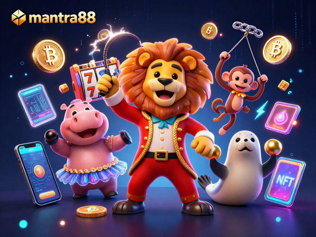 Spin and win at mantra88: Enjoy slots and crypto gaming in a vibrant 3D circus scene.