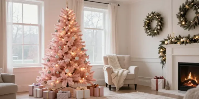 Elegant light pink Christmas tree decorated with warm white lights in a cozy living room.