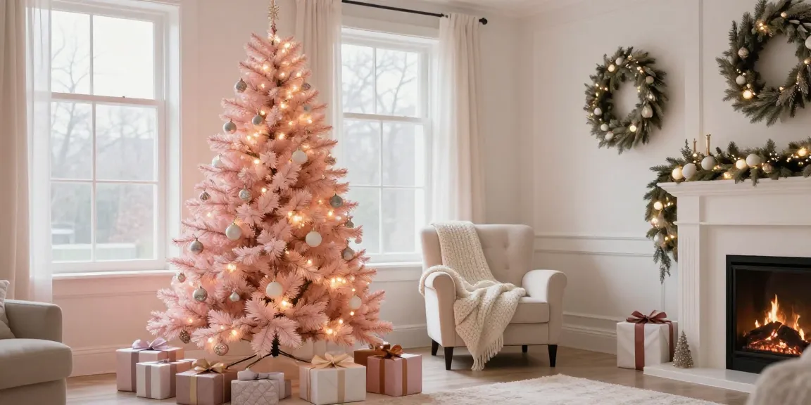 Elegant light pink Christmas tree decorated with warm white lights in a cozy living room.