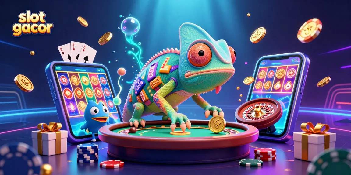 Experience the vibrant world of slot gacor with a chameleon casino owner and animated gaming elements.