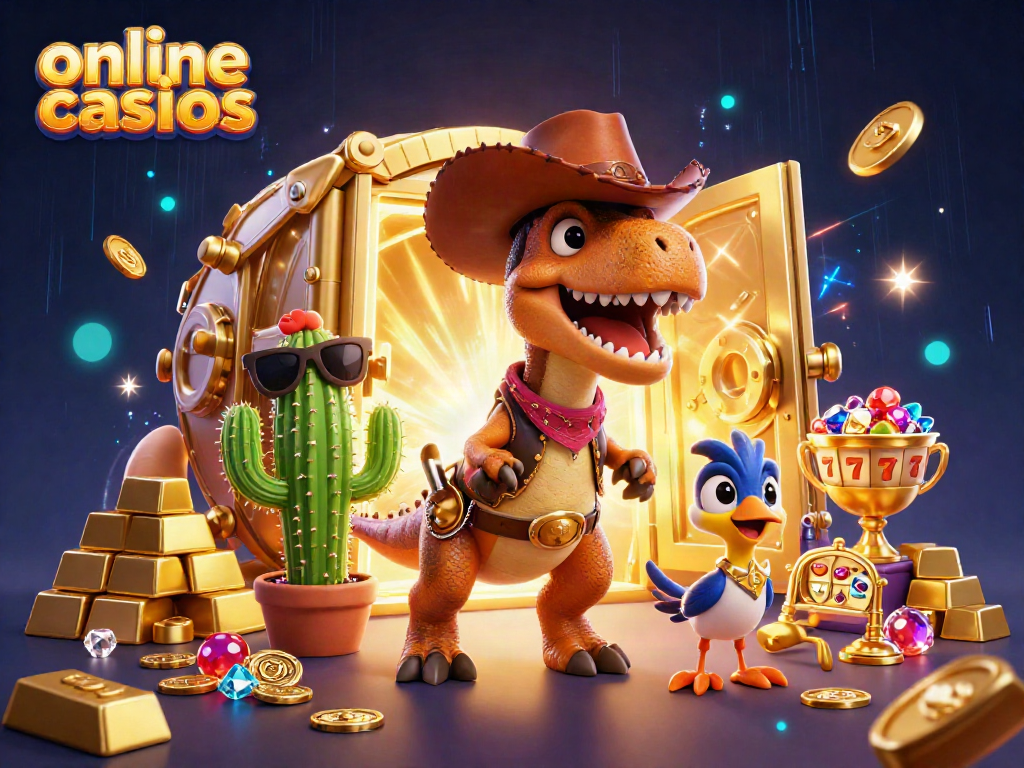 Engage with online casinos in a vibrant and dynamic 3D illustration featuring a cowboy dinosaur and gaming elements.