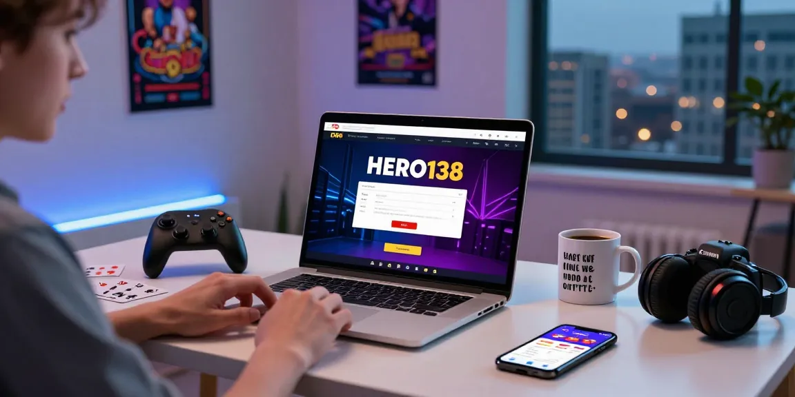 hero138 login screen displayed on laptop in vibrant gaming home office setup, showcasing gambling excitement and user engagement.
