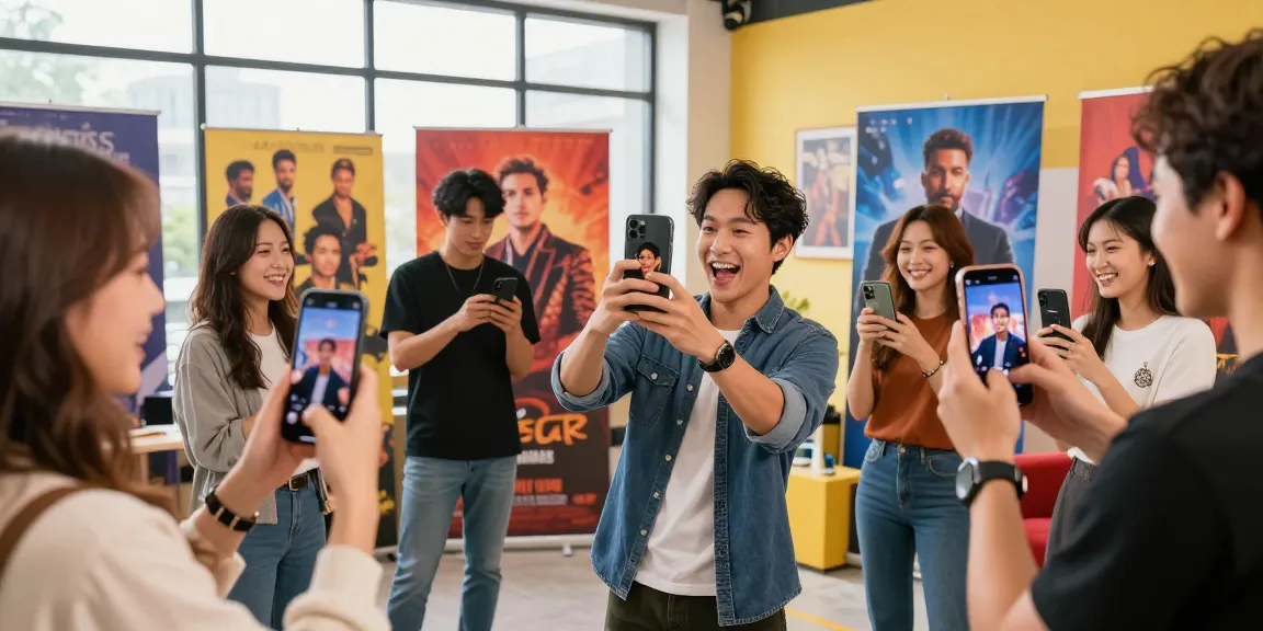 People discovering celebrities look alike in a lively photo studio filled with excitement and colorful backdrops.