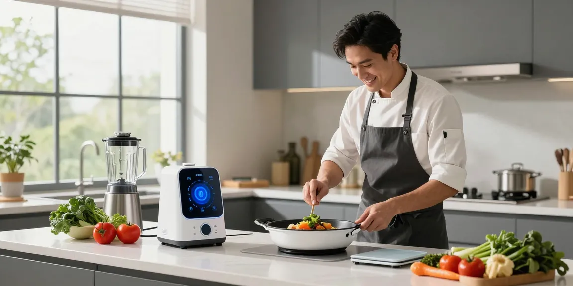 Home cook using AI cooking gadgets to prepare a gourmet dish in a modern kitchen.
