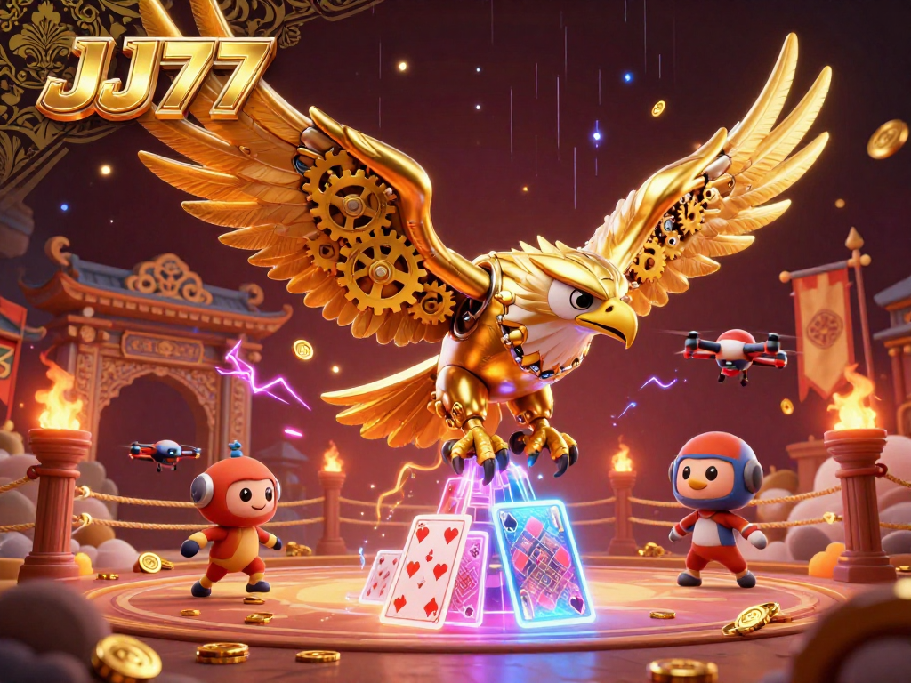Experience the thrill of winning with JJ77 as the golden eagle soars through a vibrant casino scene.