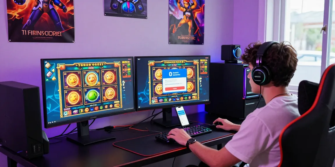Player enjoying online slots with deposit pulsa tanpa potongan on multiple screens, vibrant gaming atmosphere.