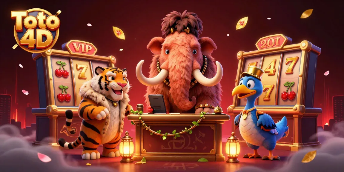 Toto 4D illustration with dynamic casino characters and vibrant slot game elements enhancing excitement.