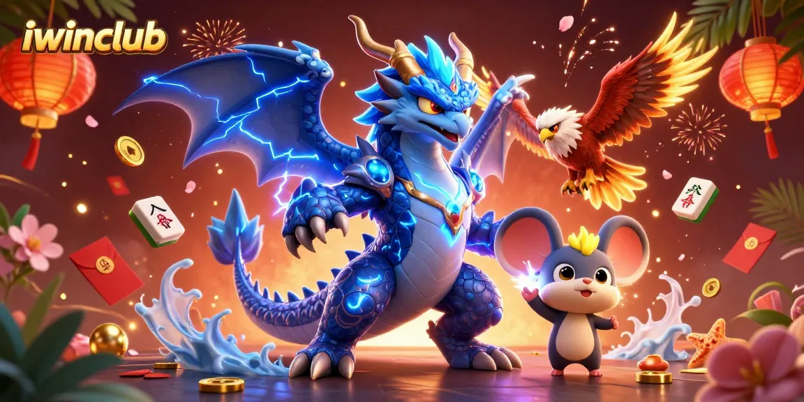 Engage with thrilling iwinclub gaming with a dynamic illustration featuring a dragon, hawk, and game elements.