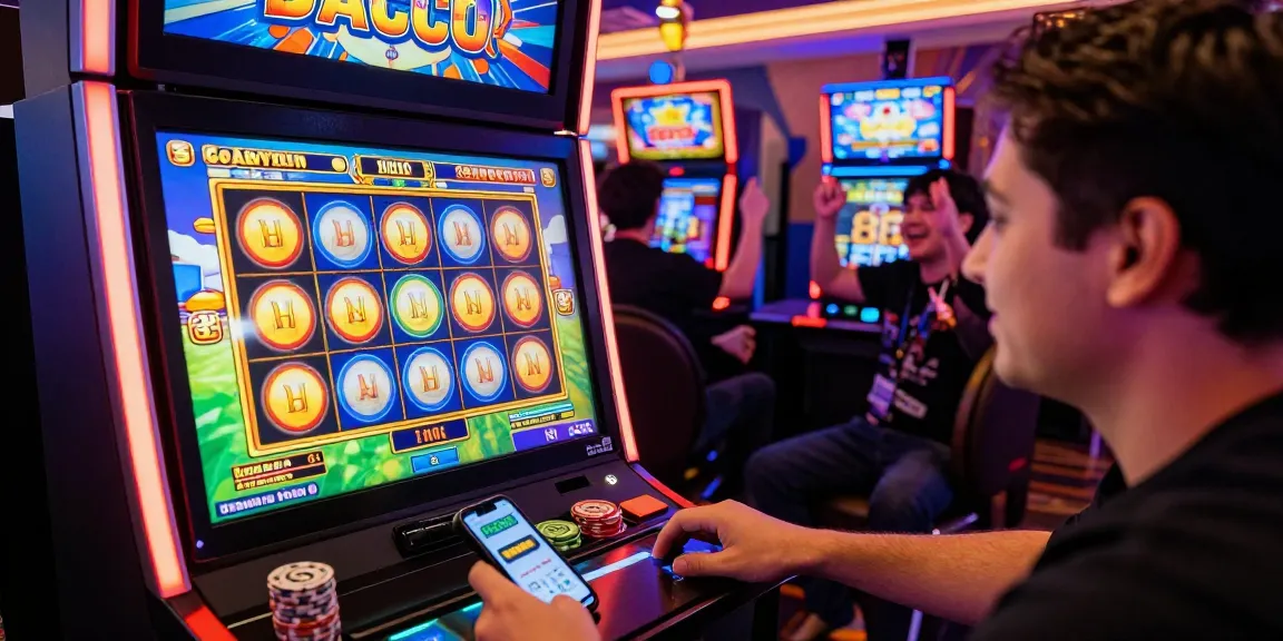 Exciting online gaming scene featuring a player engaged in slot gacor on a vibrant casino interface, surrounded by cheering friends.