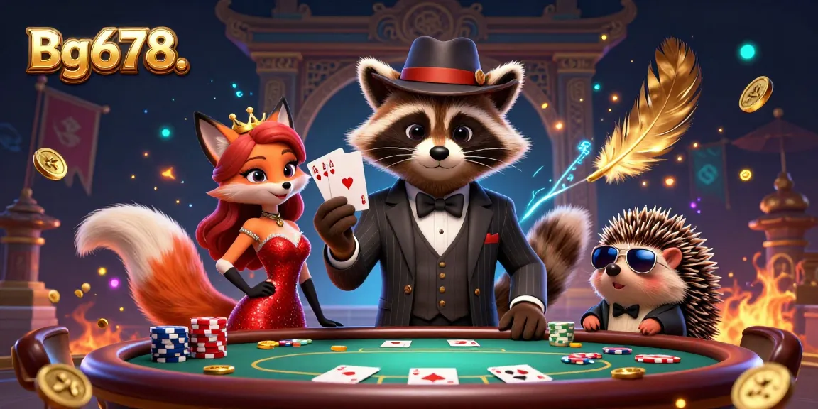 Engage with Bg678 in an exciting poker scene featuring a raccoon and fox, surrounded by casino elements.