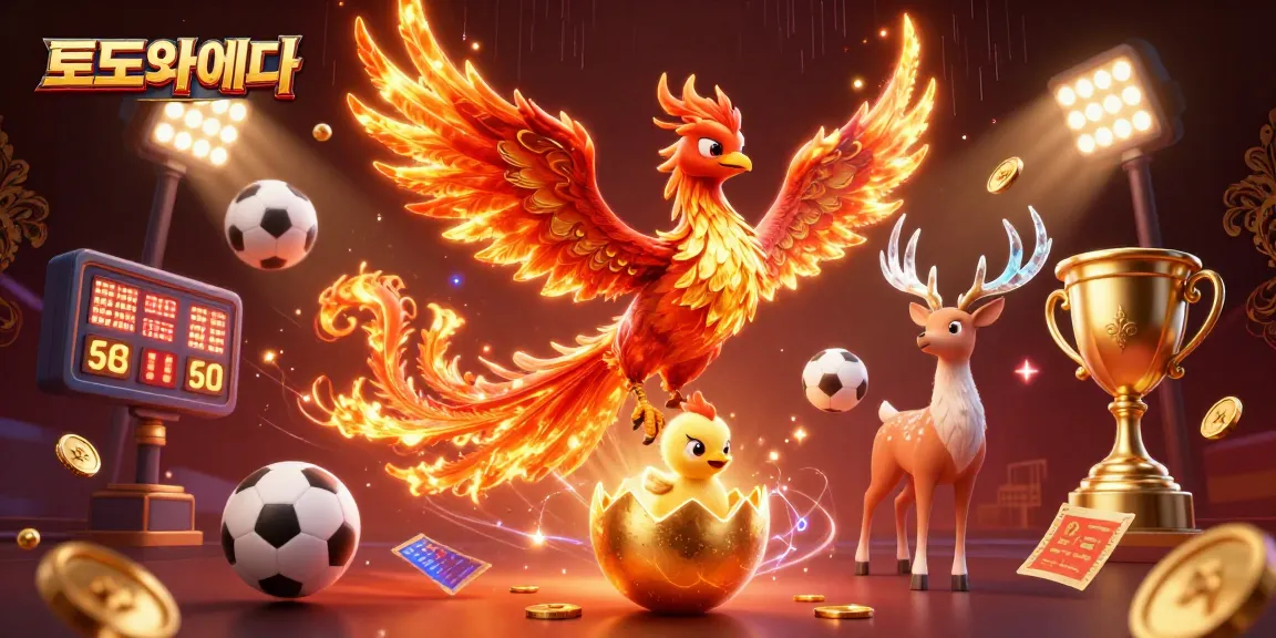 Engage with 토토사이트 as a vibrant phoenix soars amidst sports betting elements and a mystical stag.