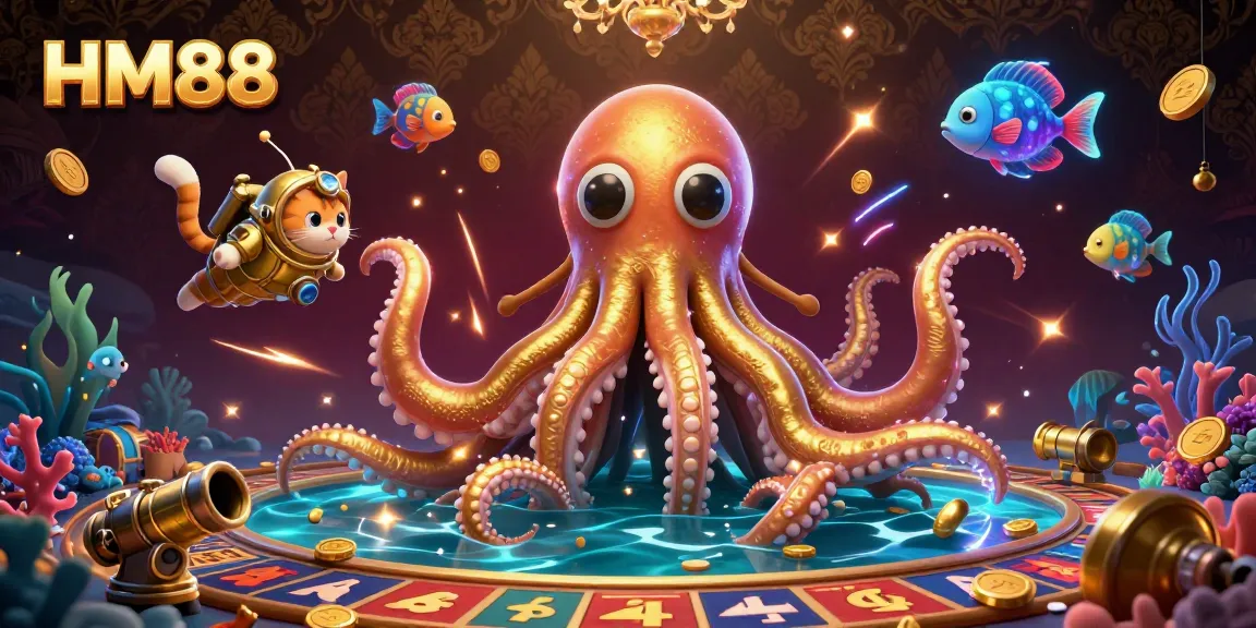 HM88 captivates with a vibrant 3D illustration showcasing a colossal kraken and a diving cat in an underwater adventure.