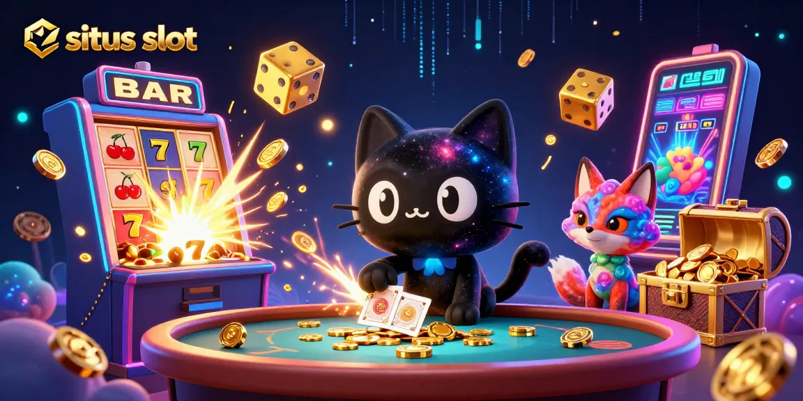 Menangkan jackpot di situs slot dengan karakter kucing hitam yang menarik chip emas dan kartu dalam suasana kasino yang dinamis.