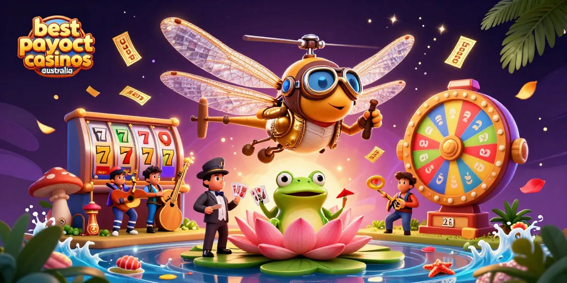 Win big at the best payout casinos Australia, as a frog croupier deals cards amidst vibrant casino action.