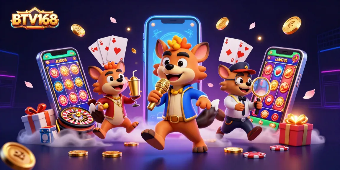 BTV168 hyenas comedy casino club scene with vibrant games and golden coins