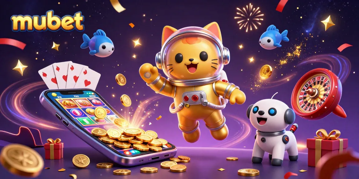 Experience thrilling games with mubet in a vibrant cosmic casino scene featuring cats and aliens.